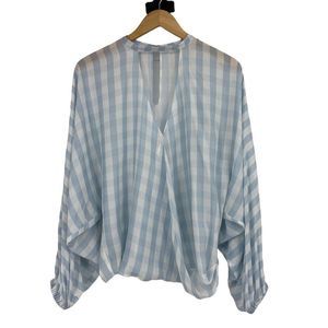 Amanda UpRichard Dolman Surplice Wrap Top Plaid Choker Size Large 1753 Blue